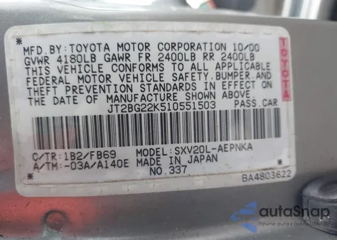 2001 Toyota Camry Le from USA, damaged, VIN JT2BG22K510551503